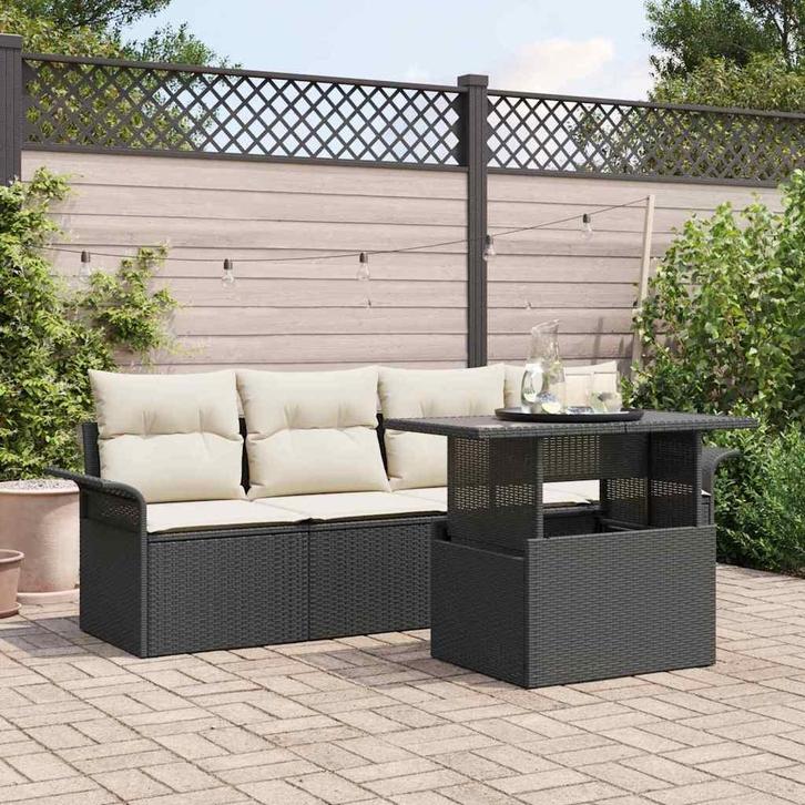 vidaXL Tuinbank Set met kussen 5 pcs Zwart Poly rattan, Tuin en Terras, Tuinsets en Loungesets, Nieuw, Verzenden