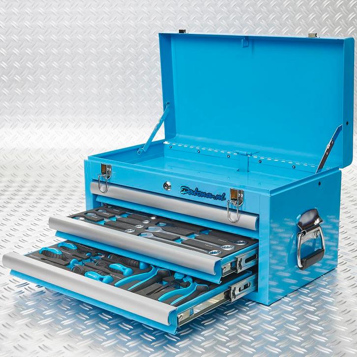Datona Gereedschapskist drie lades - 2 lades gevuld - blauw, Doe-het-zelf en Bouw, Gereedschapskisten, Ophalen of Verzenden