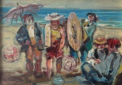 Nicola Canzanella (1929-2014) - Marina con pagliacci, Antiek en Kunst, Kunst | Schilderijen | Klassiek