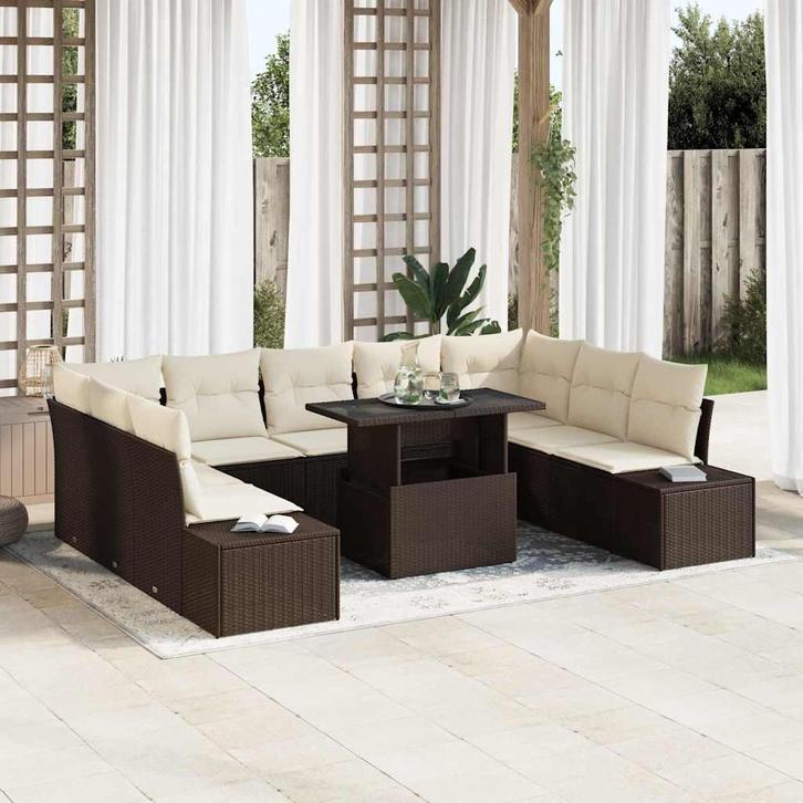 vidaXL Tuinbank Set met opslag 10 pcs Bruin Poly rattan, Tuin en Terras, Tuinsets en Loungesets, Nieuw, Verzenden