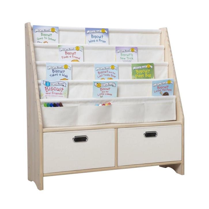 Massief Houten + KatoenKinderboekenrek, Kinderboekenkast,, Huis en Inrichting, Kasten | Overige, Zo goed als nieuw, Verzenden