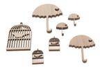 Houten parapluutjes en vogelkooitjes 2. 5-7cm. figuurtjes