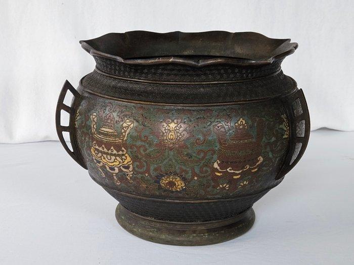 Bloempot - Brons met emaille - Japan, Antiek, Champlevé, Antiek en Kunst, Antiek | Overige Antiek