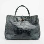 Longchamp - Dark Green Croc-Embossed Leather Tote Bag –, Nieuw