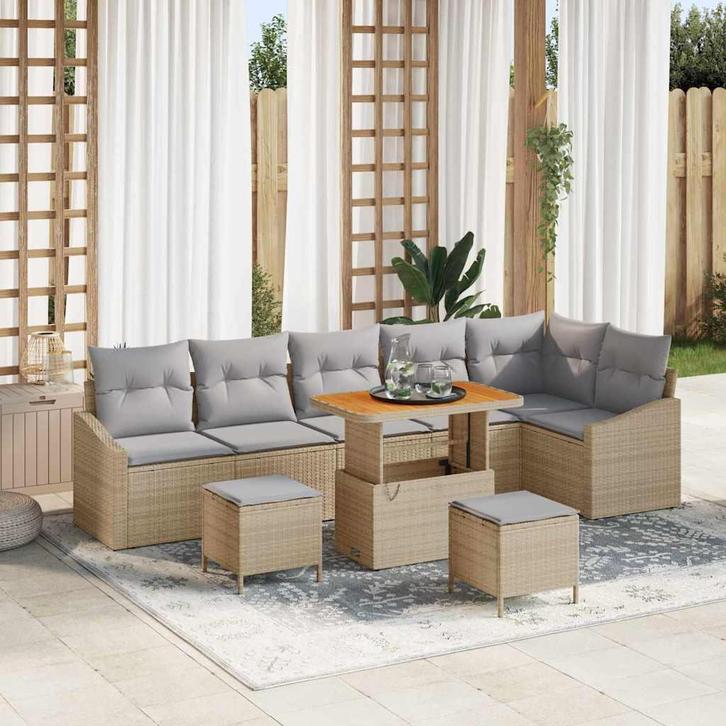 vidaXL Tuinbank Set met kussen 9 pcs Beige poly rattan, Tuin en Terras, Tuinsets en Loungesets, Nieuw, Verzenden