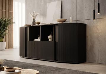 Meubella | Dressoir zwart 179cm - Opbergkast latten patroon, Verzenden