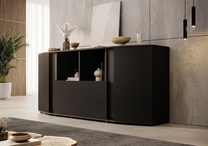 Meubella | Dressoir zwart 179cm - Opbergkast latten patroon, Huis en Inrichting, Kasten | Dressoirs, 25 tot 50 cm, Nieuw, 150 tot 200 cm