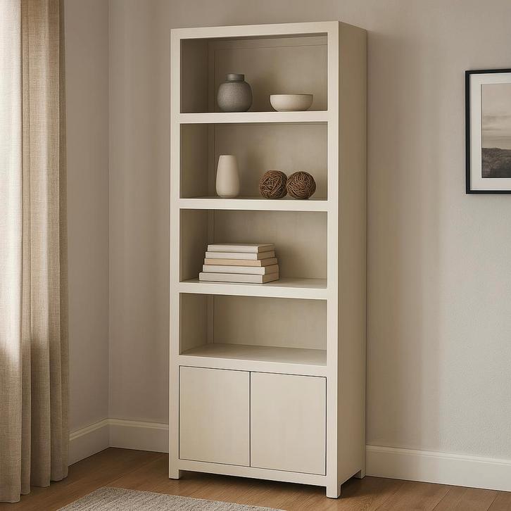 Wandkast Mangohout Evan 80 Crème (4 Open Vakken, 2 Deuren), Huis en Inrichting, Kasten | Overige, Nieuw, Verzenden