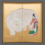 Bybu kamerscherm - Hout, Bladgoud, brokaat - Japan - Meiji, Antiquités & Art