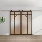 Dubbele stalen schuifdeur - Brons - 5 Vlaks rond - Mat glas, 75 tot 150 cm, Nieuw, 150 tot 225 cm, Metaal