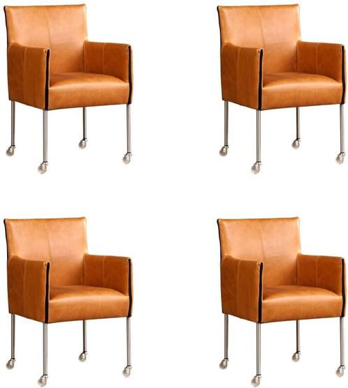 Set van 4 Cognac leren moderne kuipstoel - poot rond inox, Huis en Inrichting, Stoelen, Overige kleuren, Vier, Nieuw, Leer, Ophalen of Verzenden