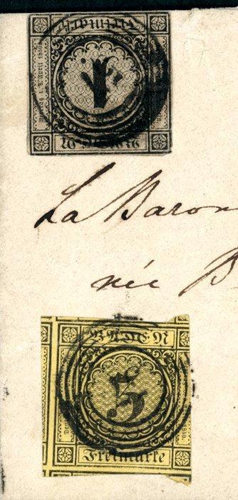 Baden 1851 - Zeldzame gemengde frankering 1 Kr. zwart op, Timbres & Monnaies, Timbres | Europe | Allemagne