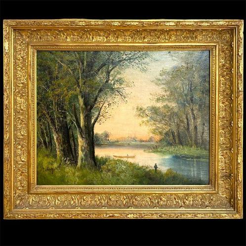École Française (XIX) - Paysage romantique au coucher du, Antiek en Kunst, Kunst | Schilderijen | Klassiek