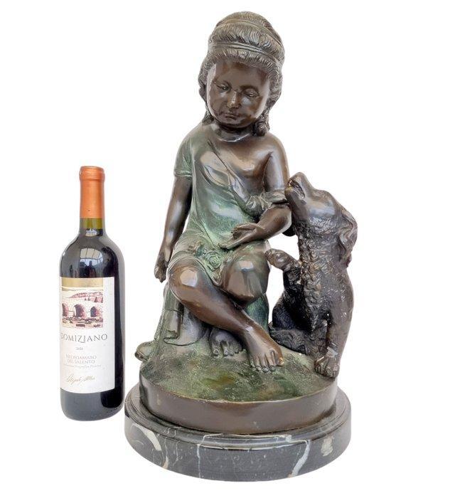 sculptuur, Girl with dog - 42 cm - Brons, Marmer, Antiquités & Art, Curiosités & Brocante