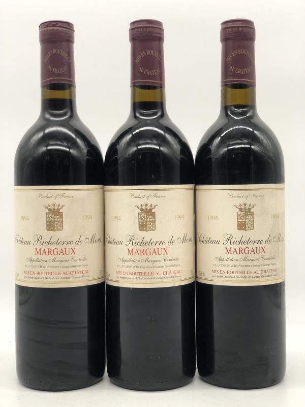 3 x 75cl Chateau Richeterre de Mons Margaux 1994 (Bordeaux), Verzamelen, Wijnen, Frankrijk, Rode wijn, Nieuw, Ophalen of Verzenden