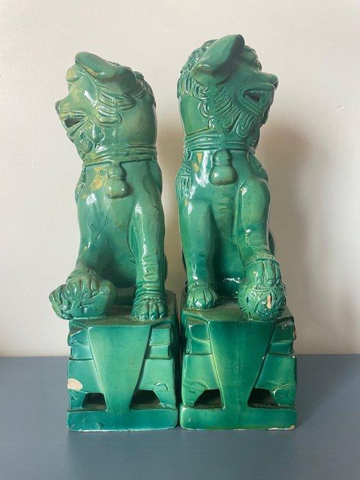 Figuur - Pair of Green Ceramic Foo Dogs – Vintage - Keramiek, Antiek en Kunst, Antiek | Overige Antiek