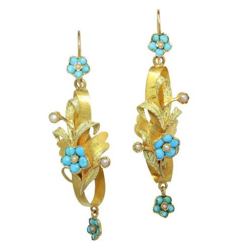 Oorbellen - 18 karaat Geel goud - Turquoise - Parel,, Handtassen en Accessoires, Oorbellen