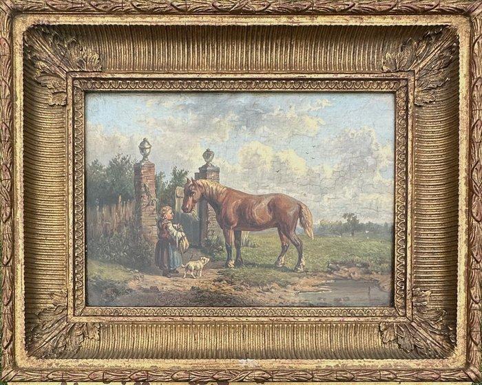 Johan Mari ten Kate (1831-1910) - A Young Girl Feeding A, Antiek en Kunst, Kunst | Schilderijen | Klassiek