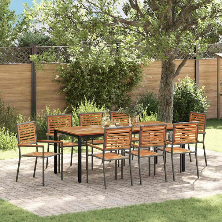 vidaXL Tuin Eettafel Set 9 pcs Grijs en Natuurlijk Teak, Tuin en Terras, Tuinstoelen, Nieuw, Verzenden