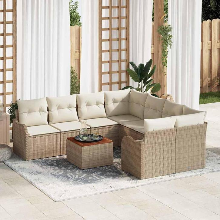 vidaXL Tuinbank Set 9 pcs Beige Poly rattan, Tuin en Terras, Tuinsets en Loungesets, Nieuw, Verzenden