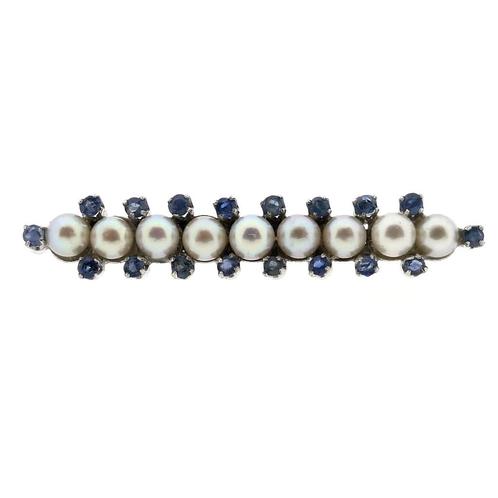 18 Krt. Antiek witgouden broche met parel en saffier, Handtassen en Accessoires, Broches, Overige kleuren, Gebruikt, Met edelsteen