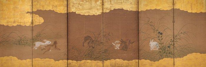 Vouwscherm met rennende konijnen - Bladgoud, gelakt hout,, Antiek en Kunst, Antiek | Overige Antiek