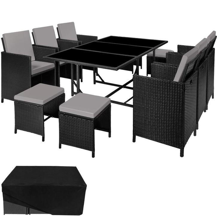 tectake Wicker zitgroep Malaga 6+4+1 met beschermhoes - zwar, Tuin en Terras, Tuinsets en Loungesets, Verzenden