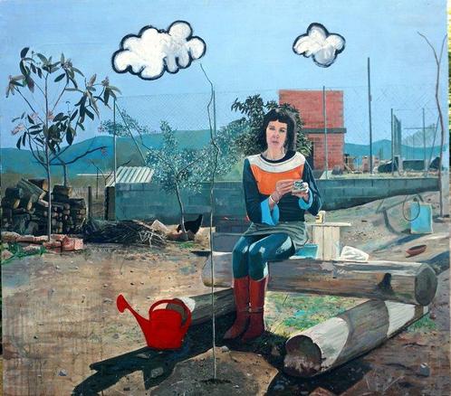 Sergi Ramírez - Paisatge, dona i café, Antiek en Kunst, Kunst | Schilderijen | Modern
