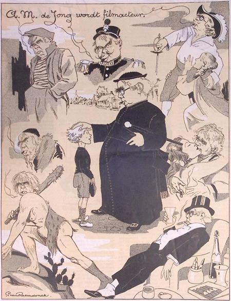 A.M. de Jong wordt filmacteur op spotprent (lijst optie), Antiek en Kunst, Kunst | Litho's en Zeefdrukken, Verzenden