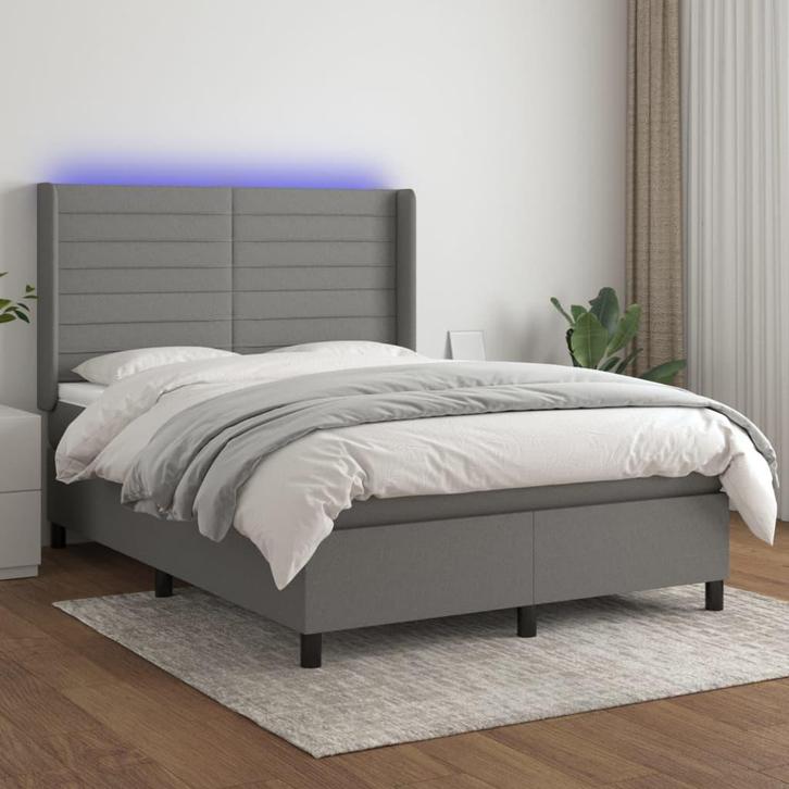 vidaXL Boxspring met matras en LED stof donkergrijs 140x200, Huis en Inrichting, Slaapkamer | Bedden, Nieuw, Verzenden