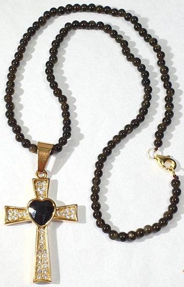 Obsidienne Dorée - Croix Sacré Cœur avec zirconiums -
