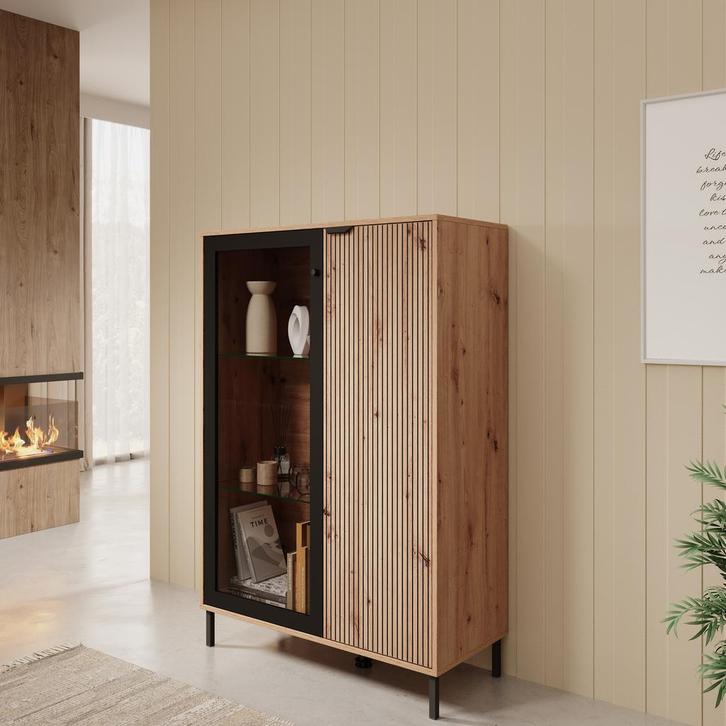 Meubella | Vitrinekast eiken zwart 93cm Glazen opbergkast, Huis en Inrichting, Kasten | Vitrinekasten, 25 tot 50 cm, Nieuw, 50 tot 100 cm