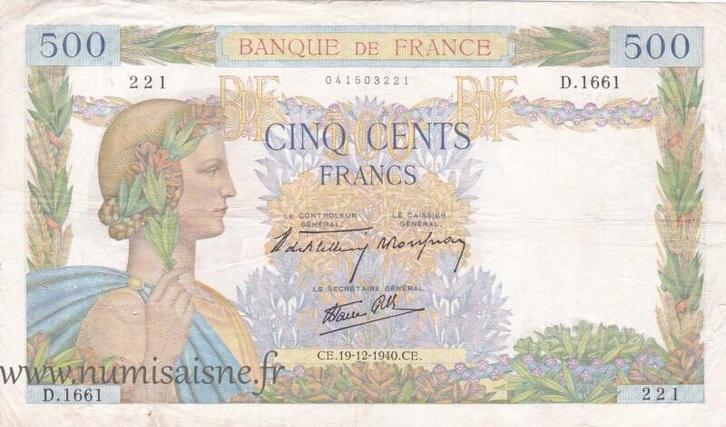 France Frankreich F 32/11 500 Francs La Paix 19/12/1940 D..., Postzegels en Munten, Bankbiljetten | Europa | Niet-Eurobiljetten