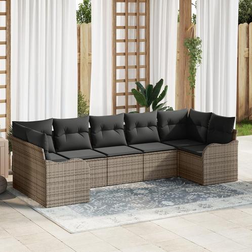vidaXL 7-delige tuinbankset met kussens in grijs poly rattan, Tuin en Terras, Tuinsets en Loungesets, Nieuw, Verzenden
