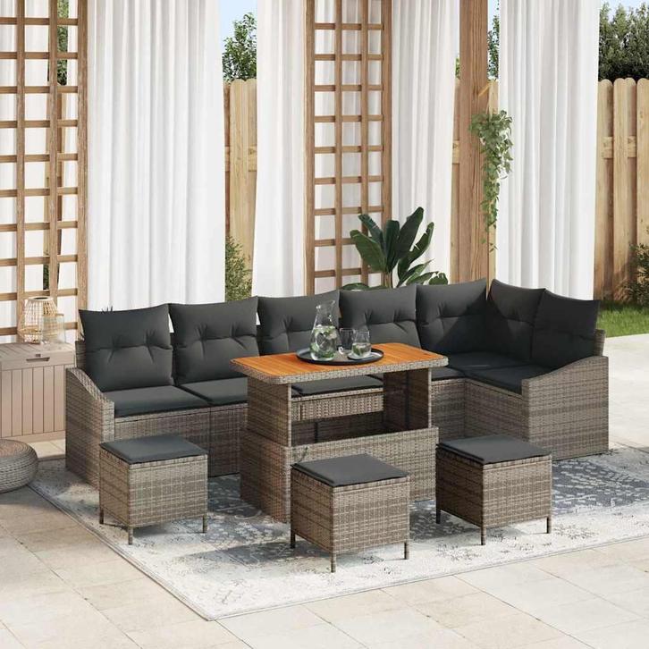 vidaXL Tuinbank Set met kussen 10 pcs Grijs poly rattan, Tuin en Terras, Tuinsets en Loungesets, Nieuw, Verzenden