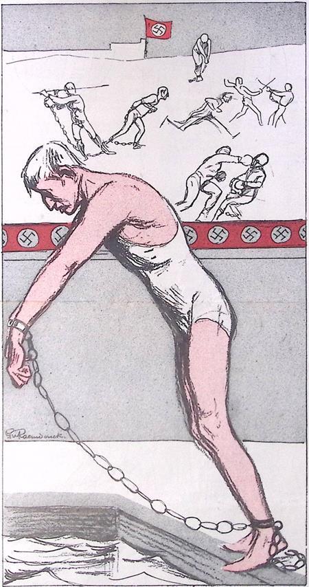 Spotprent over Joodse deelname in de Olympische Spelen in..., Antiek en Kunst, Kunst | Litho's en Zeefdrukken, Verzenden