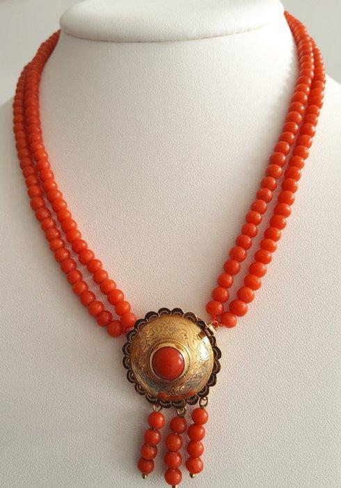 Ketting - 14 karaat Geel goud - Koraal, mooi bewerkt slot, Handtassen en Accessoires, Antieke sieraden