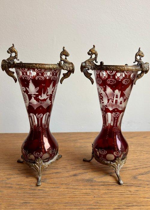 Decoratief ornament (2) - Unknown - Europa - Rood geëtst met, Antiquités & Art, Antiquités | Verre & Cristal