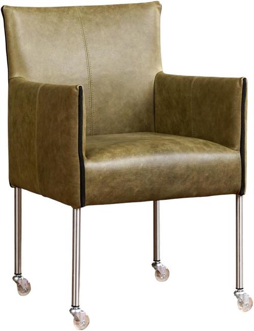 Olijfgroene leren moderne kuipstoel - poot rond inox met, Huis en Inrichting, Stoelen, Overige kleuren, Eén, Nieuw, Leer, Ophalen of Verzenden