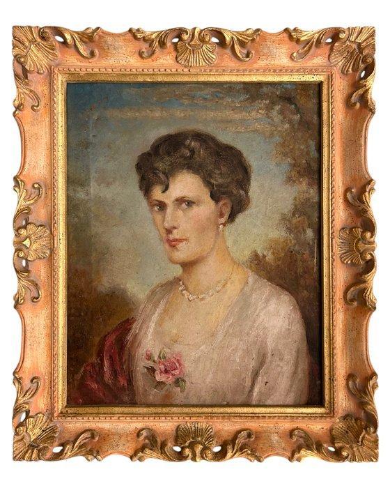 Europese school (XX) - Dama elegante con rosa - NO RESERVE, Antiquités & Art, Art | Peinture | Classique