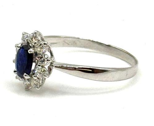 Ring - 18 karaat Witgoud Saffier - Diamant, Handtassen en Accessoires, Ringen
