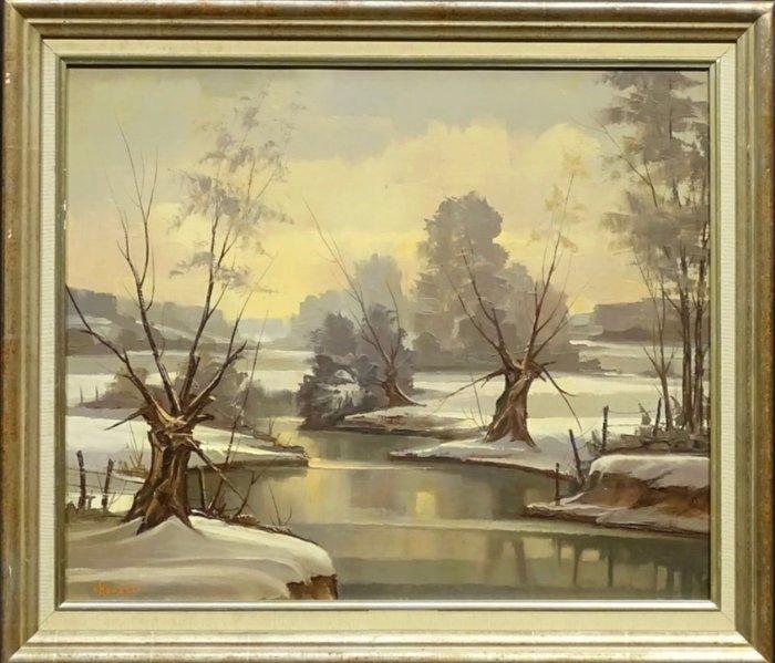 Bernard Houzet (1920-2016) - Hiver au bord de leau,, Antiek en Kunst, Kunst | Schilderijen | Klassiek