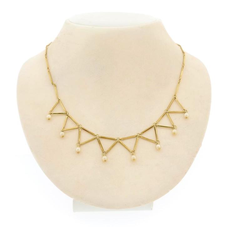 Gouden staafjes collier met parels | 44 cm (schakelketting), Handtassen en Accessoires, Kettingen, Overige kleuren, Gebruikt, Met edelsteen