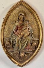 Reliëf, Madonna col Bambino e cherubini - 80 cm - Polychroom, Antiek en Kunst