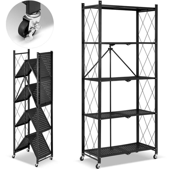 Metalen opbergrek op wielen - opvouwbaar - 5 planken - zwart, Huis en Inrichting, Kasten | Stellingkasten, Nieuw, Ophalen of Verzenden