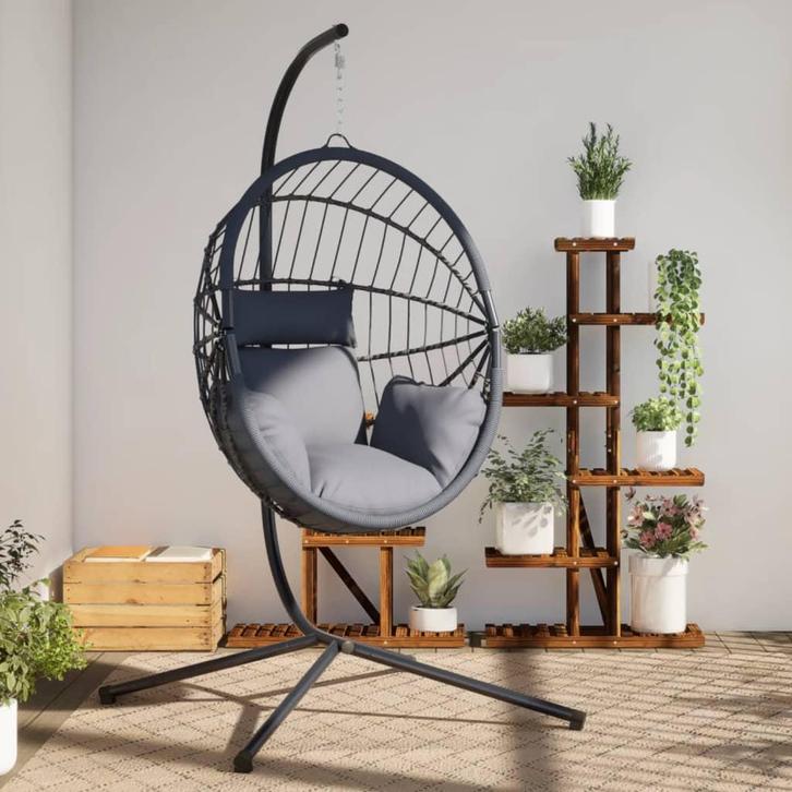 vidaXL Hangstoel met standaard rattan en staal grijs, Tuin en Terras, Overige Tuin en Terras, Nieuw, Verzenden