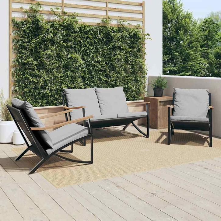 vidaXL 3-delige Balkonset met kussens staal zwart, Tuin en Terras, Tuinsets en Loungesets, Nieuw, Verzenden
