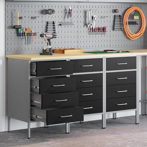 vidaXL Werktafel 3-delig Zwart en Grijs Hout en Staal, Doe-het-zelf en Bouw, Werkbanken, Nieuw, Verzenden