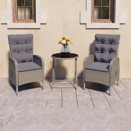 vidaXL 3-delige Bistroset poly rattan en glas grijs, Tuin en Terras, Tuinsets en Loungesets, Nieuw, Verzenden
