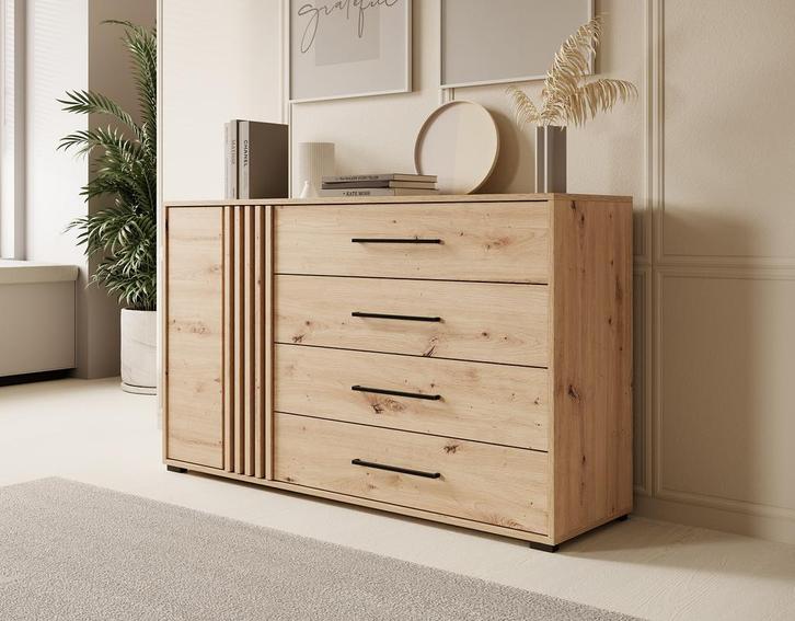 Meubella Dressoir eiken 138 cm - 1 deur 4 lades, Huis en Inrichting, Kasten | Dressoirs, 25 tot 50 cm, Nieuw, 100 tot 150 cm, Verzenden